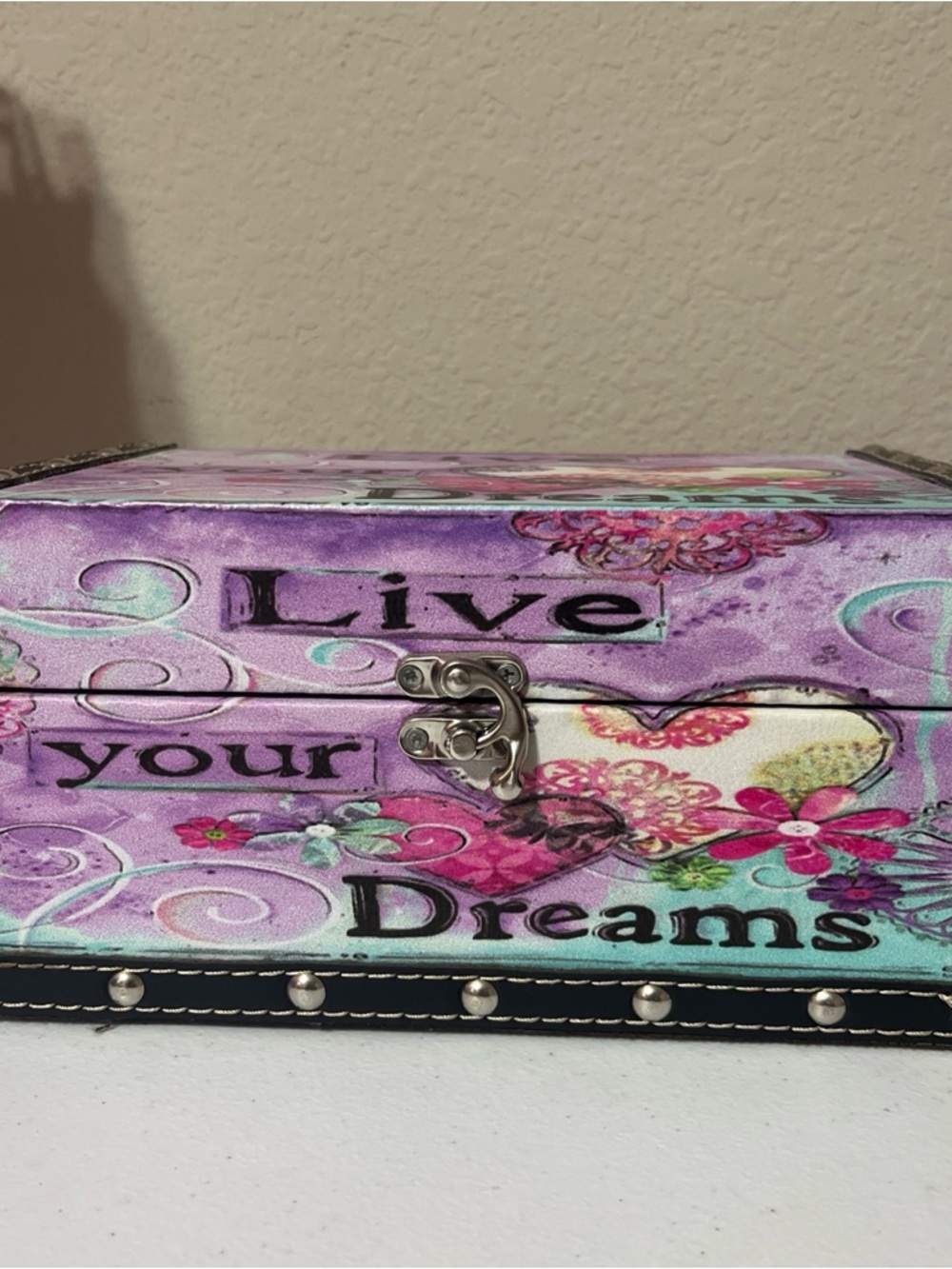 2010s Live Your Dreams Decorative Jewelry Box in Purple Floral/Hearts